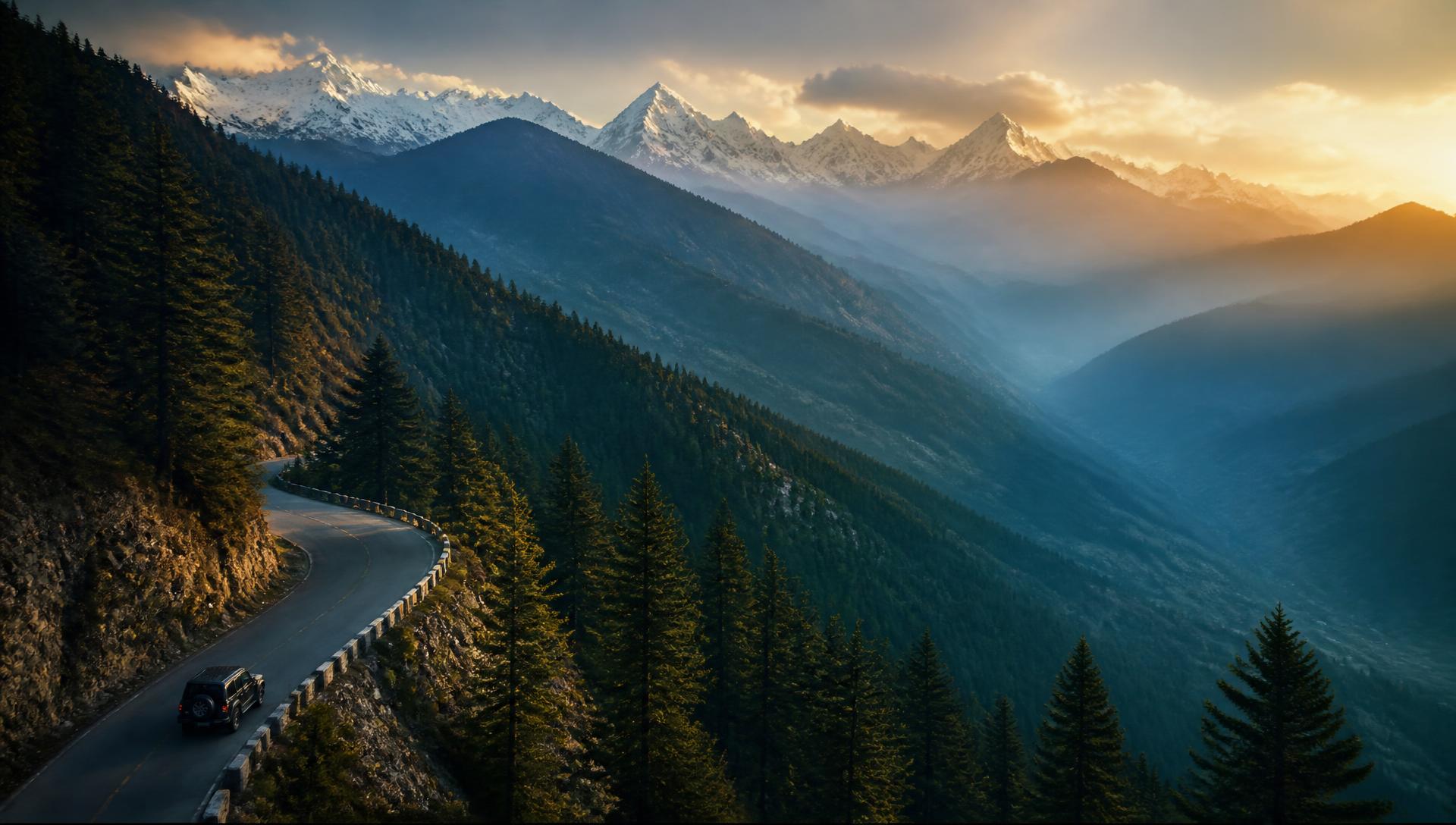 Himalayan highway winding through pine forest below snow peaks at sunrise